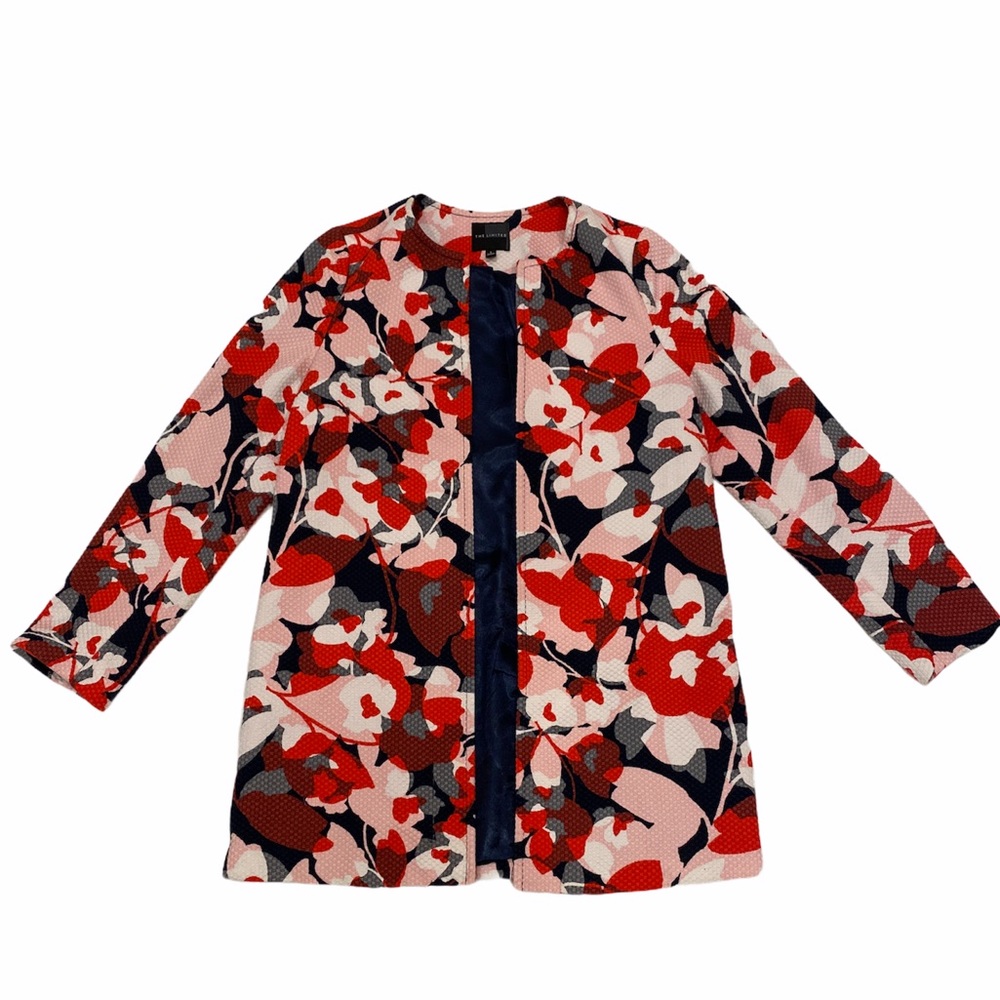 The Limited red pink Poppy print long open blazer
